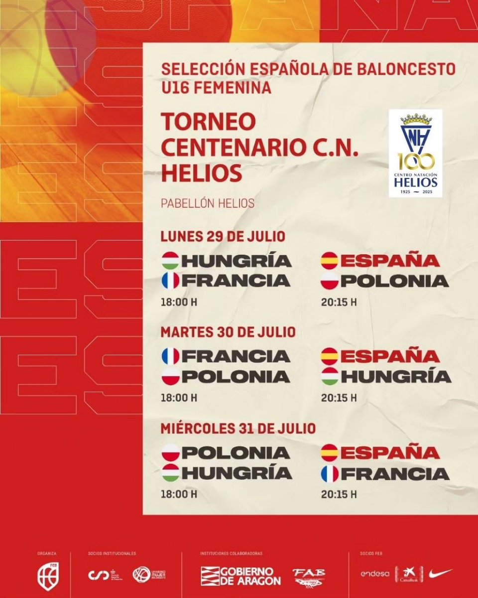 TORNEO INTERNACIONAL U16 FEM
CENTENARIO CN HELIOS 
Desde el próximo lunes 29 al miércoles 31, se celebrará el torneo dentro de la preparación del Europeo a celebrarse en Hungría en el mes de agosto.
Esperamos vuestra asistencia para llenar el pabellón.
La ocasión se lo merece.