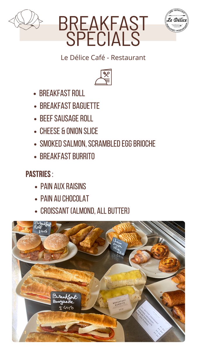 🍽️Beeakfast Specials At Le Délice⭐️ #eatlocal #goodmorning #freshfood #homemade with #pastries #breakfastburrito #cheeseslice and many more