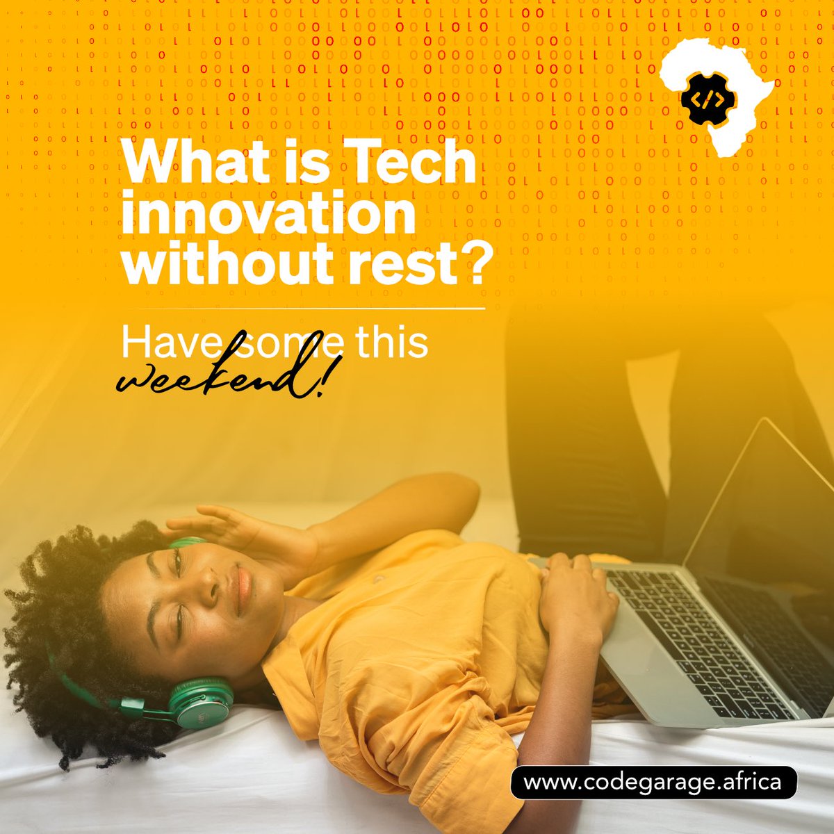 CodegarageA's tweet image. Rest! Yes you!!!

(Tag that workaholic you know needs rest💆🏽💆🏽‍♀️) 

#1000LinesofCode #CodeGarageAfrica #TGIF