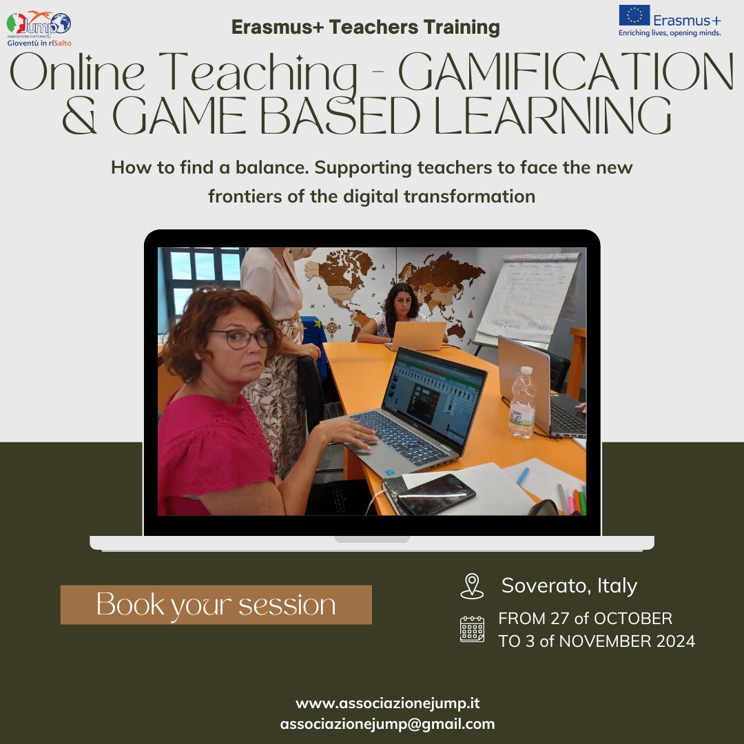 AssoJUMP's tweet photo. JUMP with US in Erasmus Plus in ITALY
Come to Soverato (Calabria region)
ERASMUS K1 PROJECT

ONLINE TEACHING – GAMIFICATION &amp; GAME BASED LEARNING

https://t.co/zzGYGMxExc
associazione@gmail.com

OID: E10040387

#teachers #training #English #erasmusplus #language #school #Soverato https://t.co/AMXExnn4z9