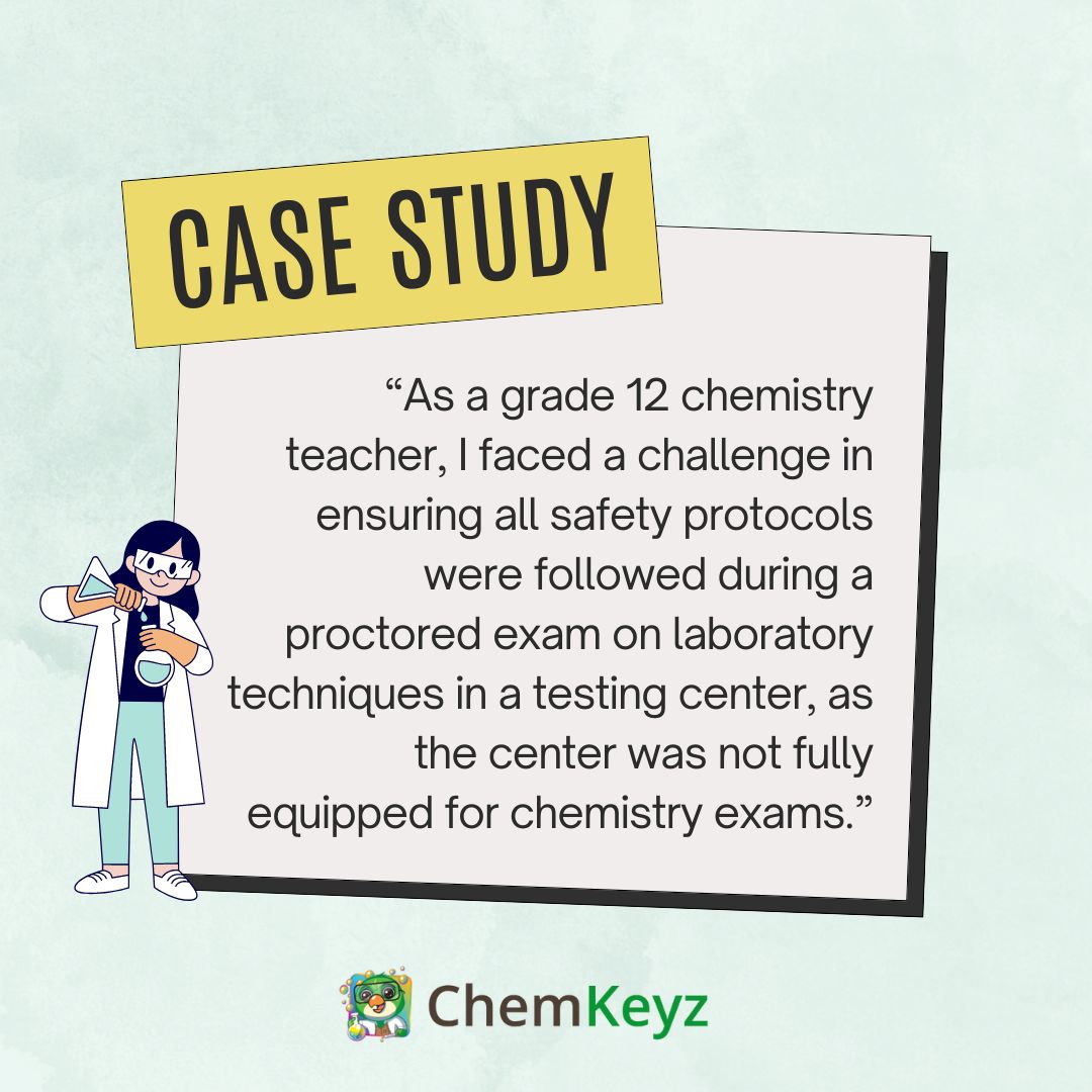 ChemKeyz's tweet photo. Case study: “As a grade 12 chemistry teacher, I faced a challenge in ensuring all safety protocols were followed during a proctored exam on laboratory techniques in a testing center, as the center was not fully equipped for chemistry exams.”
.
.
#Chemkeyz #chemistrytutor https://t.co/W1q4Mp2Kpd