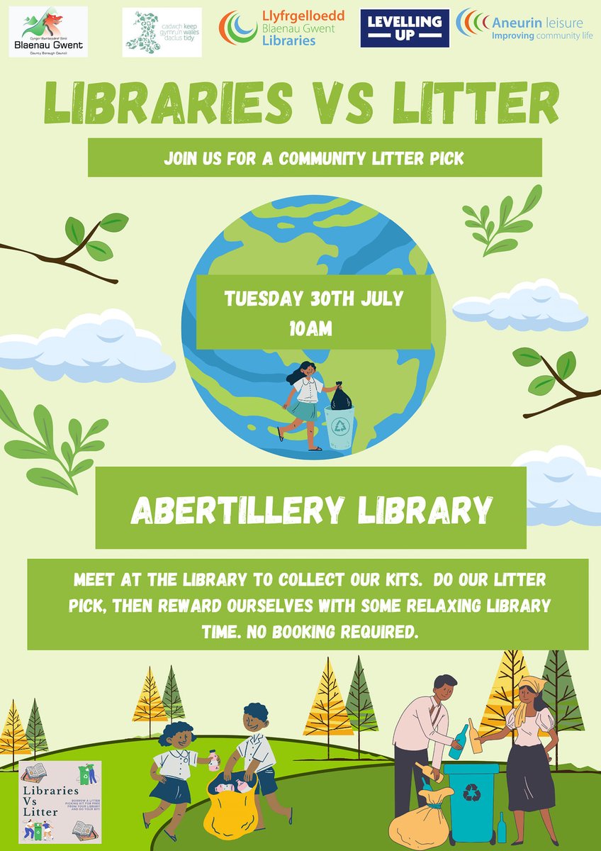 Stuck for something to do on Tuesday? Why not come down to Abertillery Library at 10am for our community litter pick. 

We provide the kit, have a chat with some lovely people and afterwards you can pop back into the library to take some books. The kettle will be on!