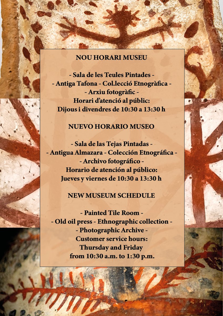 Nou Horari Can Xoroi:

- Sala de les Teules Pintades -
- Antiga Tafona -
- Col.lecció Etnogràfica -
- Arxiu fotogràfic -

Horari d’atenció al públic:
Dijous i divendres de 10:30 a 13:30 h