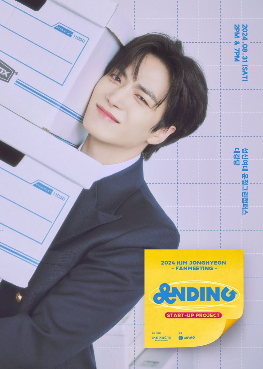 [#NOTICE] 
2024 김종현 팬미팅 [ANDING]

✨ 일시
2024. 08. 31 (SAT) 2PM / 7PM

✨ 장소
성신여대 운정그린캠퍼스 대강당

✨ 티켓 오픈
팬클럽 선예매 ➱ 2024. 07. 31 (WED) 7PM
일반 예매 ➱ 2024. 08. 02 (FRI) 7PM

자세한 사항은 예매처를 통해 확인 바랍니다
ticket.yes24.com/New/Notice/Not…