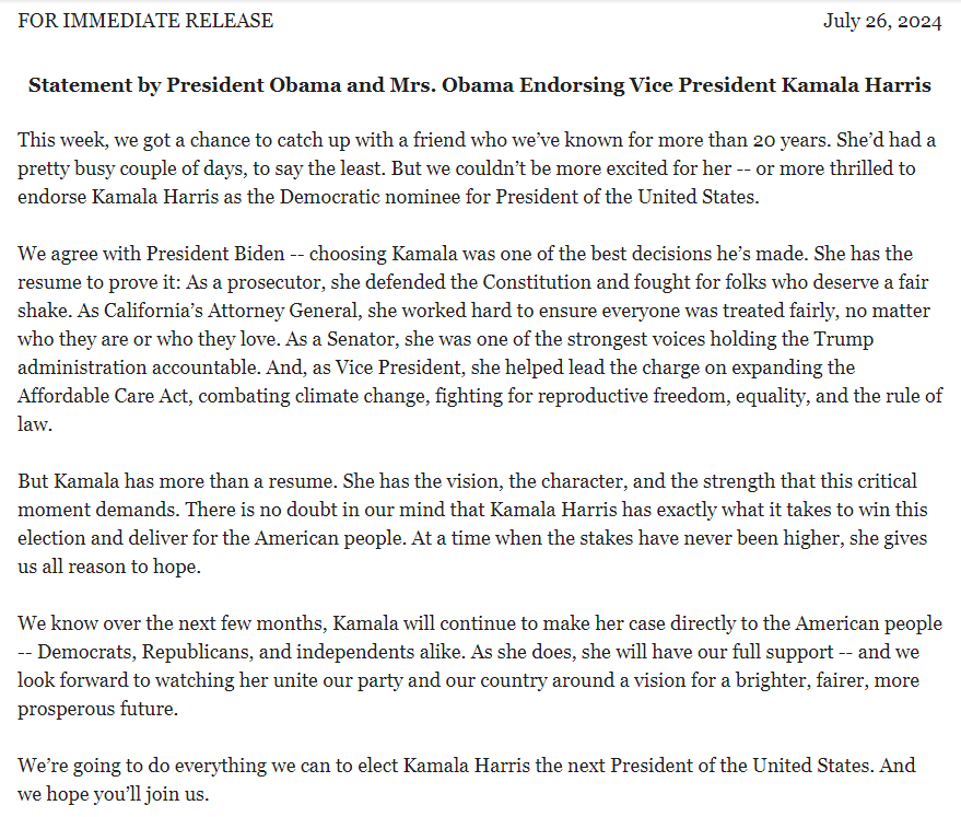 Simon_Cullen's tweet photo. Here's the full statement from Barack and Michelle Obama endorsing Kamala Harris  

#USElection2024 https://t.co/nFJo0XyIus