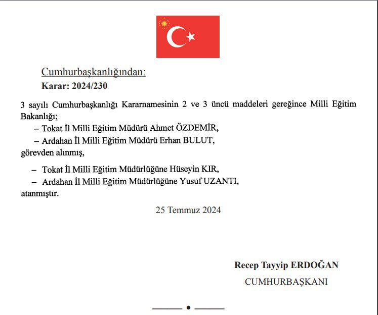Cumhurbaşkanımız Sayın Recep Tayyip Erdoğan'ın takdir ve tensipleriyle Tokat İl Milli Eğitim Müdürü olarak atanmış bulunmaktayım. Şahsımı bu göreve layık gören Sayın Cumhurbaşkanımıza ve Milli Eğitim Bakanımız Sayın Yusuf Tekin'e teşekkürlerimi arz ederim.