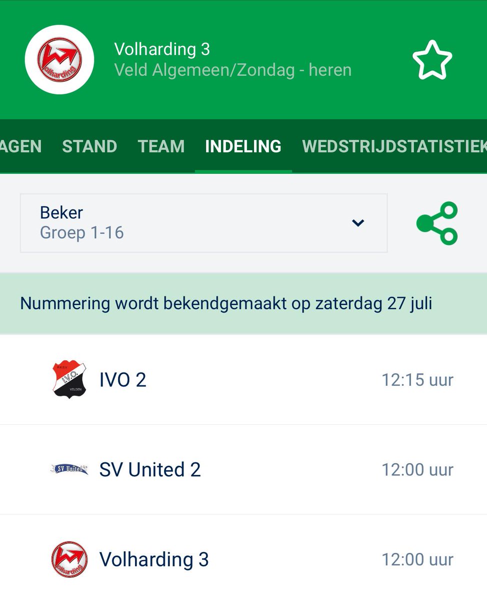 🏆 De loting voor het bekertoernooi is verricht, de indeling van Volharding 1, 2 en 3 is bekend gemaakt🏆

Speciale aandacht gaat uit naar de poule van Volharding 2. Zij mogen het opnemen tegen RKVV SSS'18 1. 

⚽️ Net als vorig jaar dus weer een derby in het bekertoernooi ⚽️
🔴⚪️