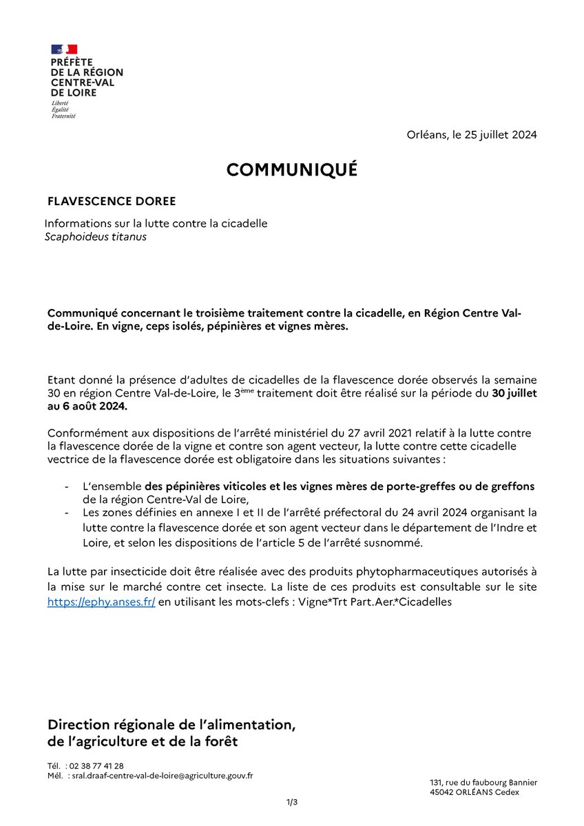 VinIGPLoire's tweet photo. La lutte contre la flavescence dorée de la vigne est toujours d'actualité. Vous trouverez une précision sur la 3e période de traitements obligatoire contre celle-ci dans le document joint. Ces informations sont aussi disponibles sur le site de la DRAAF Centre Val-de-Loire. https://t.co/D2cbC7I158