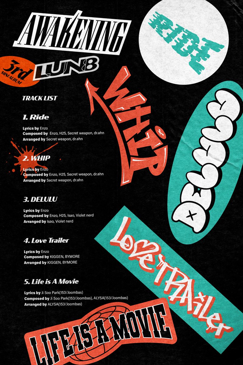 [#루네이트]
LUN8 3rd Mini Album <AWAKENING>
Track List😌

2024.08.14 RELEASE
#LUN8 #AWAKENING #WHIP