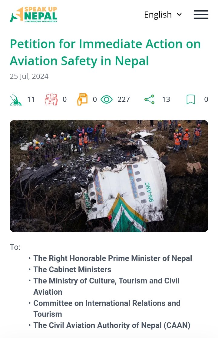 NEW PETITION ALERT!
A crucial petition has been raised on SpeakUp Nepal calling for immediate improvements in aviation safety. Please support the petition, and together we can ensure a safer future for aviation in Nepal. Your voice matters!
#nepalaviation

speakupnepal.org/post/QztacN4od…
