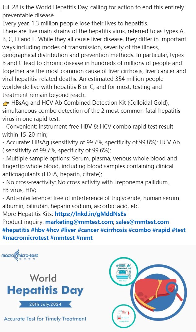 MacroMicroTest's tweet image. Jul. 28 is the World Hepatitis Day, calling for action to end this entirely preventable disease.
HBsAg and HCV Ab Combined Detection Kit (Colloidal Gold), simultaneous combo detection of the 2 most common fatal hepatitis virus in one rapid test.
#hepatitis#hbv#hcv#liver#cancer