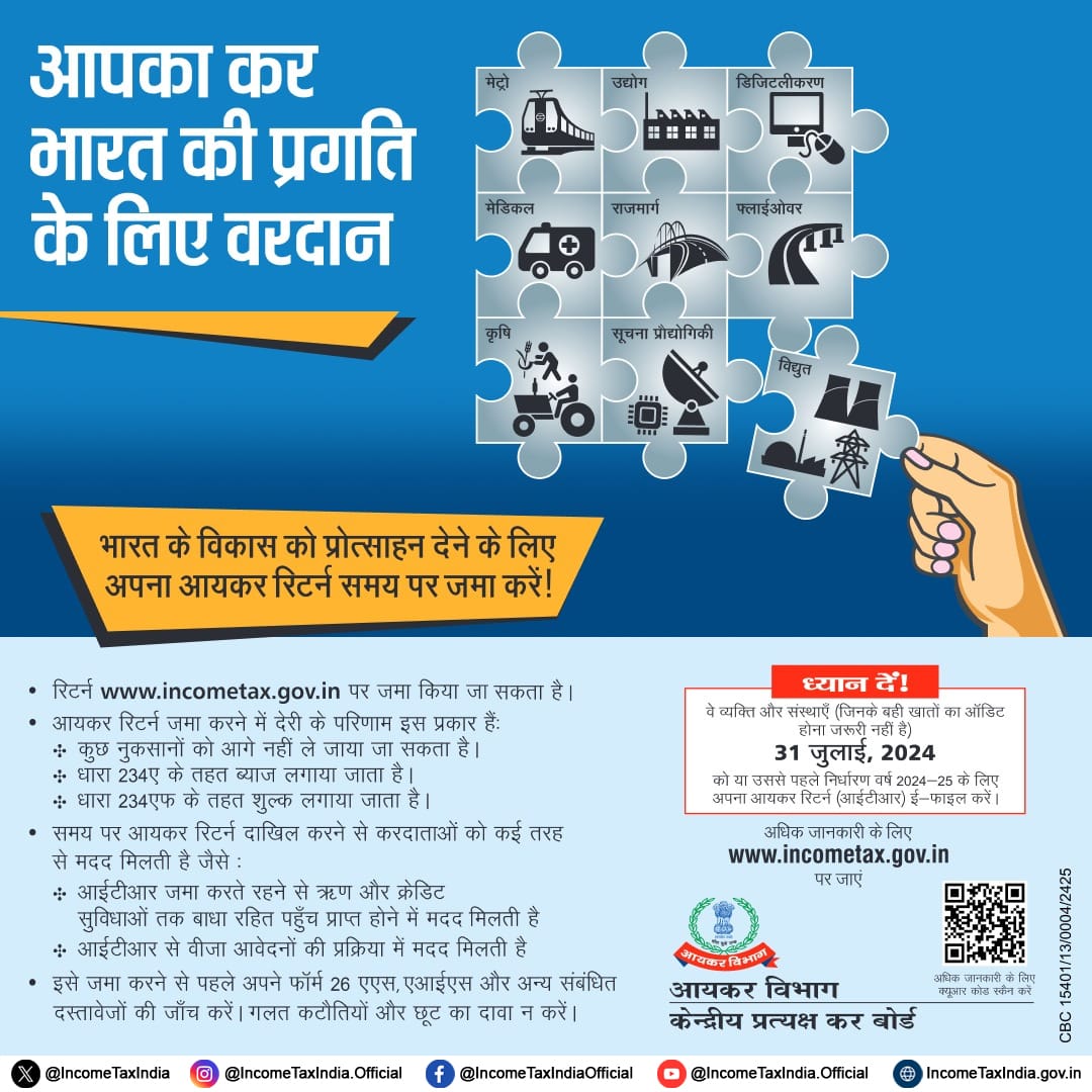 IncomeTaxIndia's tweet image. करदाता कृपया ध्यान दें!

यदि आपने अभी तक अपना आईटीआर दाखिल नहीं किया है तो दाखिल करना ना भूलें।
निर्धारण वर्ष 2024-25 के लिए आईटीआर दाखिल करने की नियत तारीख 31 जुलाई, 2024 है।

#FileNow