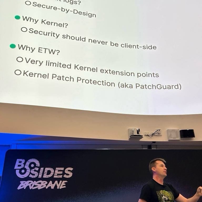 Thanks <a href="/Bsides_BNE/">BSides Brisbane</a> for letting me talk about why “Kernel ETW is the best ETW”.

It’s not everyday that you get to talk about scripting a decompiler after watching a keynote from the mother of decompilers…