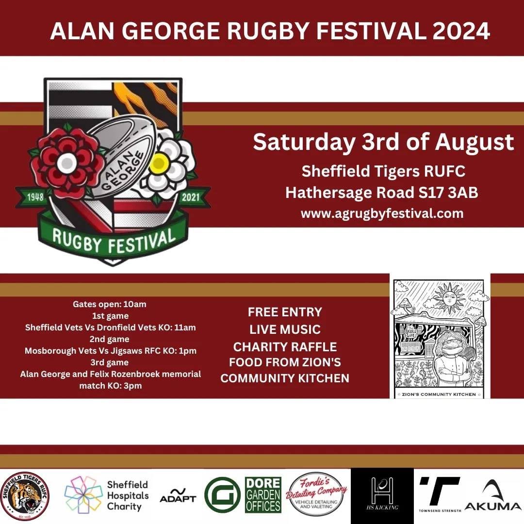 Join us for the Alan George Rugby Festival this Saturday, 3rd August at <a href="/SheffTigersRUFC/">Sheffield Tigers</a>! 🏉 Free entry, live music, charity raffle, and food from Zion's Community Kitchen. Interested in playing? Contact shurugby@hotmail.co.uk. See you there!
#RugbyFestival #Sheffield #Rugby
