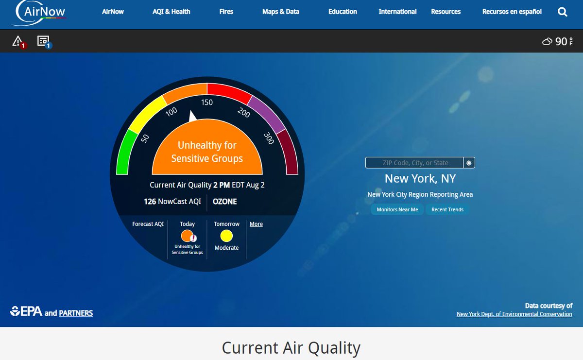 Cmh176Hughes's tweet image. Current #AirQuality 2PM EDT #Friday #Aug2 
126 NowCast #AQI #OZONE
"formed in the atmosphere through chemical reactions between #pollutants emitted from #vehicles, #factories and other industrial sources, #fossilfuels, #combustion"
#NYC #NYCAQI #SMOG #Haze
airnow.gov/?city=New%20Yo…
