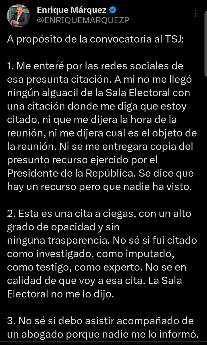 Enrique Marquez no firmó el documento del TSJ porque no fue citado ni le explicaron hora ni razón: