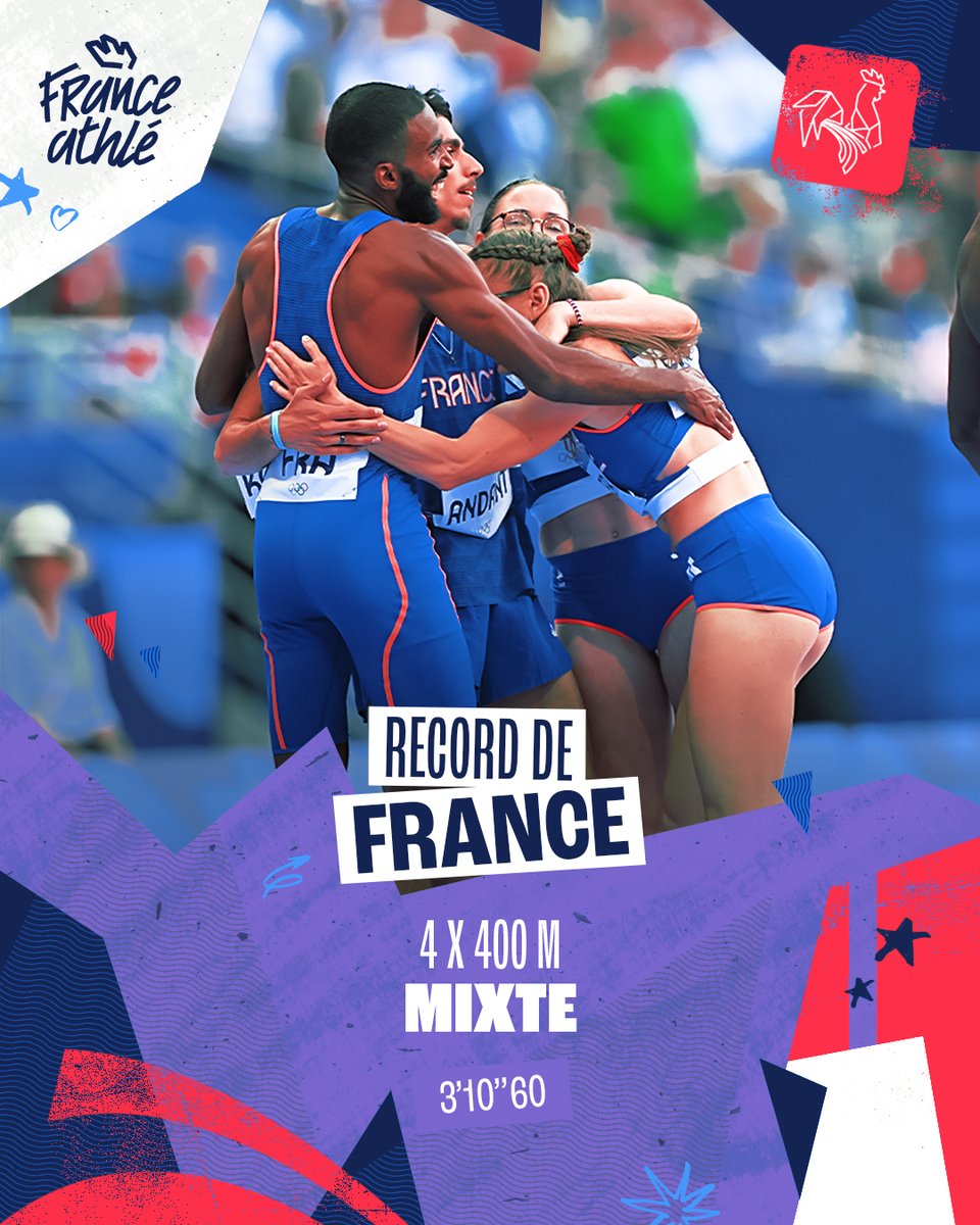 FFAthlétisme (@ffathletisme) on Twitter photo 🔥 𝗥𝗘𝗖𝗢𝗥𝗗 𝗗𝗘 𝗙𝗥𝗔𝗡𝗖𝗘 !
🇨🇵 Le relais 4x400 m mixte (Kounta, Maraval, Andant, Brossier) 2e de sa série en 3’10’’60 et qualifié pour la finale !
#Paris2024 🔥 𝗥𝗘𝗖𝗢𝗥𝗗 𝗗𝗘 𝗙𝗥𝗔𝗡𝗖𝗘 !
🇨🇵 Le relais 4x400 m mixte (Kounta, Maraval, Andant, Brossier) 2e de sa série en 3’10’’60 et qualifié pour la finale !
#Paris2024