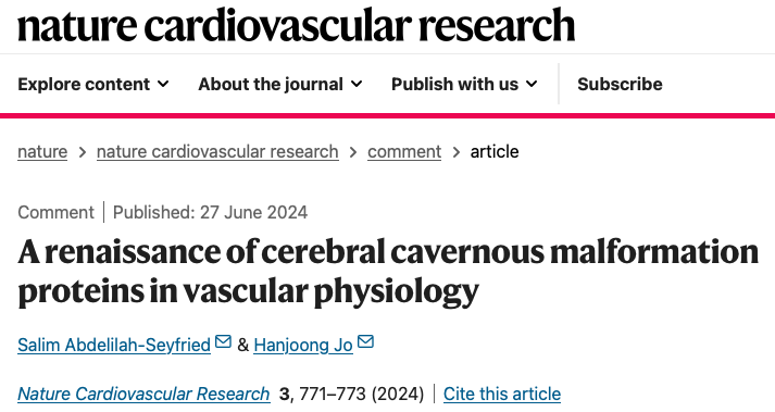 Please check out our recently published Nature Cardiovascular Research Comment titled, "A renaissance of cerebral cavernous malformation proteins in vascular physiology."