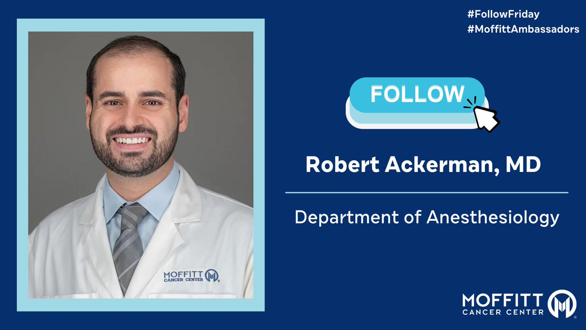 Moffitt Cancer Center (@moffittnews) on Twitter photo #FollowFriday Meet <a href="/RobyAckerman/">Roby Ackerman</a>, MD who specializes in pain medicine in the anesthesiology department. His clinical and research interests include peripheral nerve and spinal cord stimulation, enhancing recovery post-surgery, and onco-anesthesia. Be sure to give him a follow! #FollowFriday Meet <a href="/RobyAckerman/">Roby Ackerman</a>, MD who specializes in pain medicine in the anesthesiology department. His clinical and research interests include peripheral nerve and spinal cord stimulation, enhancing recovery post-surgery, and onco-anesthesia. Be sure to give him a follow!