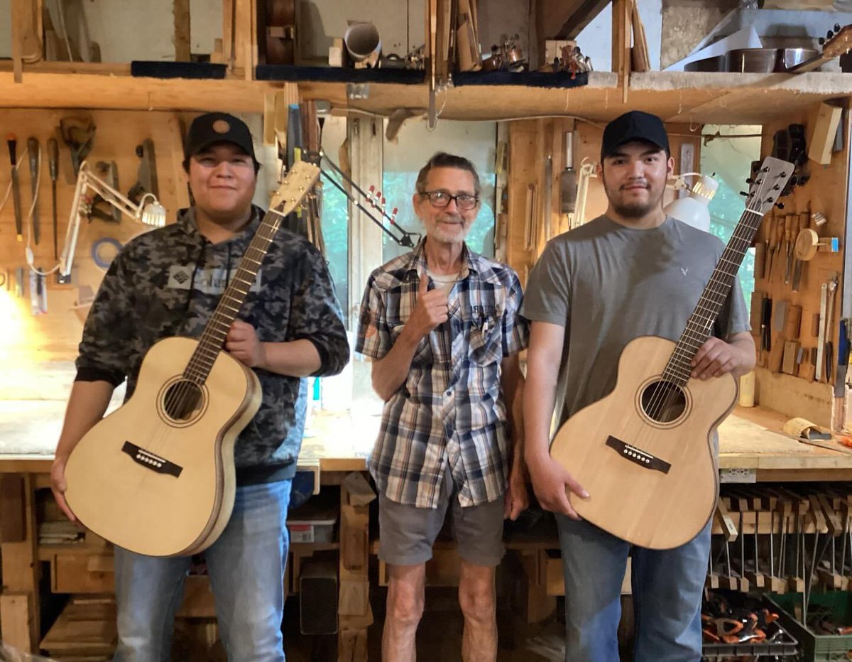 Congratulations to Brady and Matthew George from Whapmagoostui for their beautifully hand-made guitars. Luthier and teacher Sergei de Jonge stands between the brothers proudly!

This Guitar-Making Residency is funded  by <a href="/Indspire/">Indspire</a> River to Success Program &amp; Grit Laskin.