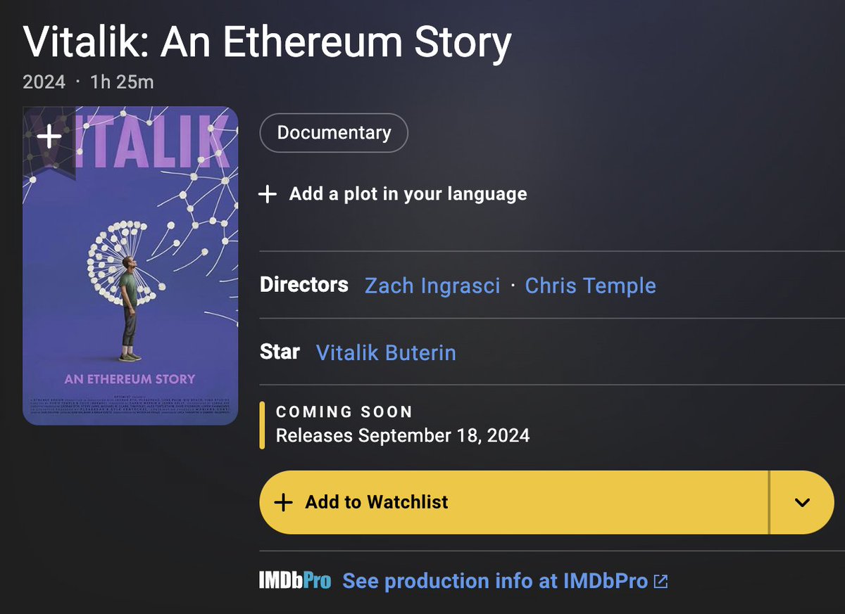 Our "Vitalik: An Ethereum Story" IMDb page got approved. <a href="/EthereumFilm/">Vitalik: An Ethereum Story</a> documentary is happening!

imdb.com/title/tt328296…