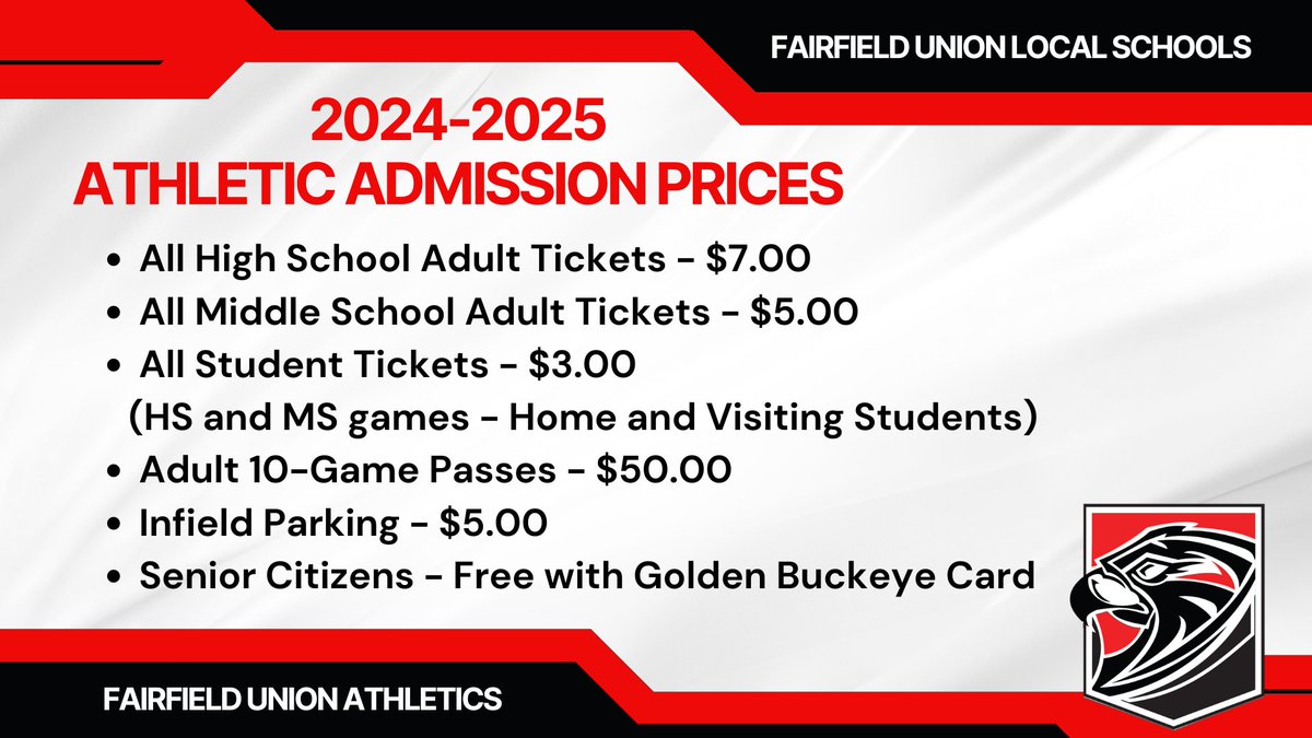In addition to all Fairfield Union students eating breakfast and lunch for free this year, we are happy to announce a reduction in student ticket prices (home and visiting students) for the 2024 - 2025 school year.