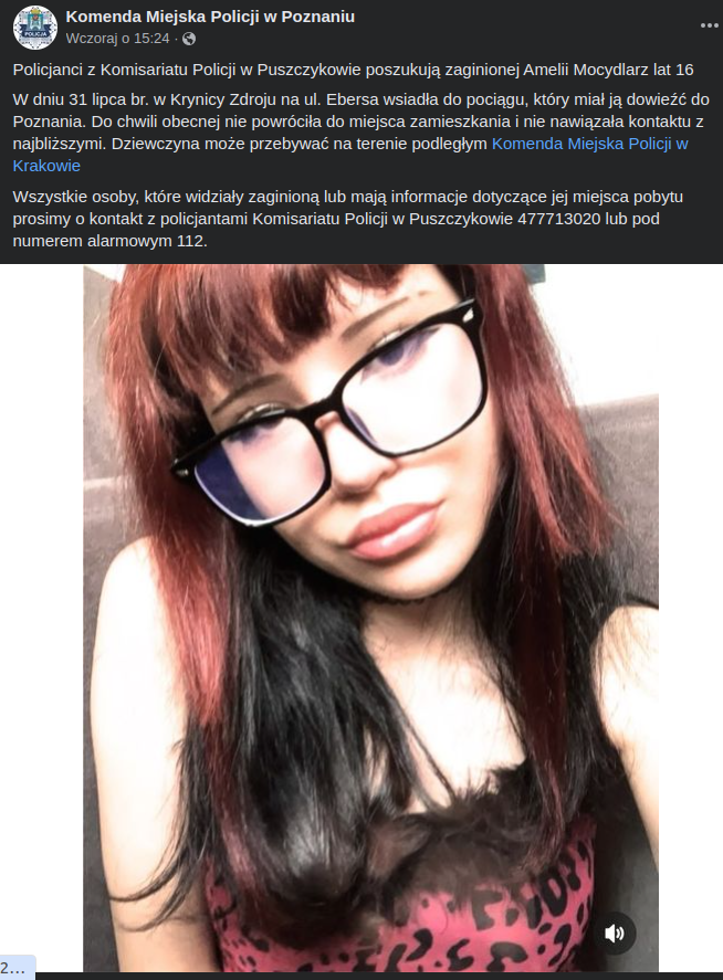 Zróbmy szybko zasięg.

Z reguły piszemy o polityce - która jest ważna.

Ale tutaj możemy realnie i bezpośrednio pomóc.

Policja i media nagłaśniają bo niedawno zaginęła dziewczyna. Puszczajcie dalej, zwłaszcza jak macie w obserwujących ludzi z #poznania