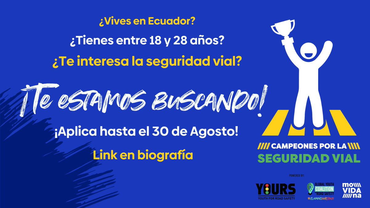 ¡Buscamos 10 jóvenes en Ecu🇪🇨para formarlos como líderes en movilidad segura y sostenible en sus ciudades!🌳

Conviértete en "campeón por la seguridad vial"🏆y accede a una beca en un programa formativo y empoderamiento de Sept 2024 a Feb 2025
Aplica aquí: forms.gle/2m3qvZ4ZDkhybt…