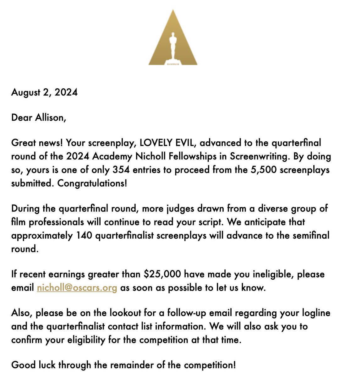 allisonmreid's tweet photo. "I'd like to thank the Academy..." It feels surreal to say those words! Thank you #Nicholl for this incredible honor recognizing LOVELY EVIL, my feminist take on the erotic thriller's femme fatale... Wow! 5,500 screenplays! There are so many wonderful stories out there. Humbled. https://t.co/VvbHcYNJx5
