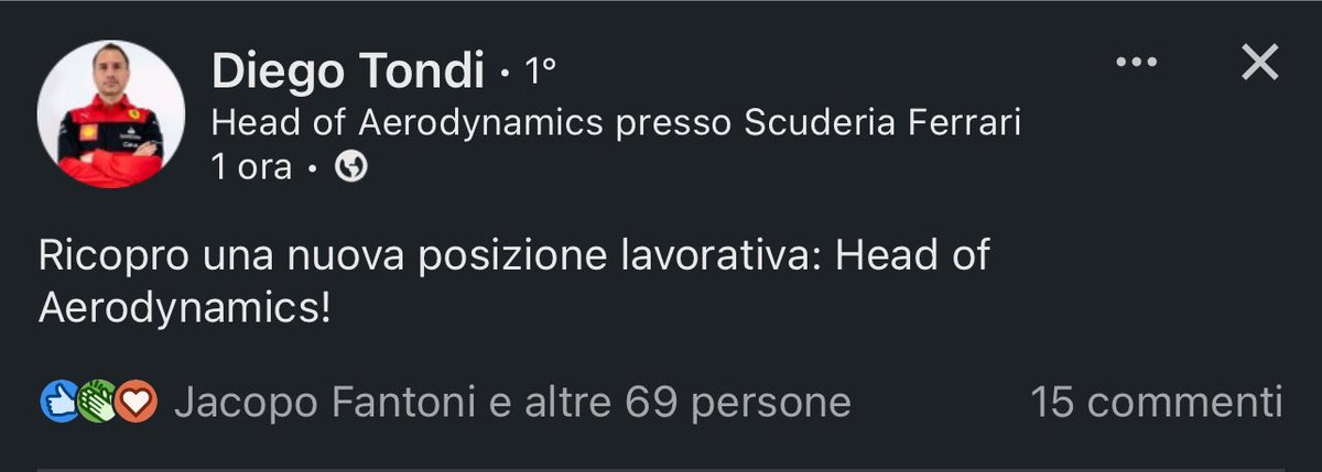 robertofunoat's tweet photo. 🚨🚨🚨 Ufficiale: L’Ing Diego Tondi assume il ruolo di capo degli aerodinamici della @ScuderiaFerrari #F1 #Ferrari #HeadOfAerodynamics #Tondi https://t.co/ZK5fztpFtE