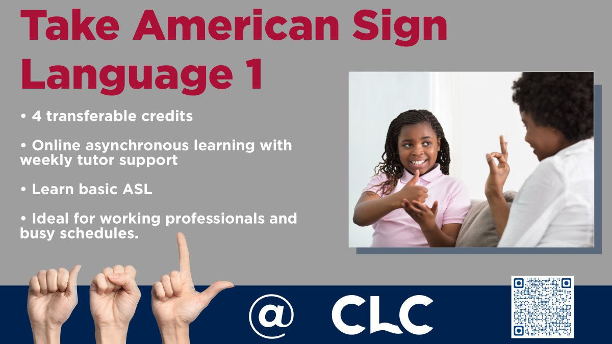 clcmnedu's tweet image. 👋 Want to learn American Sign Language? Take ASL 1 online or in person with us!

#ASL #americansignlanguage