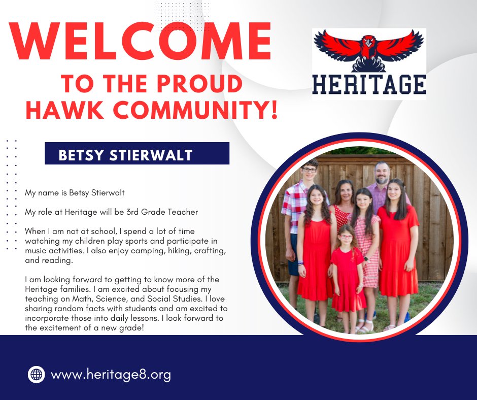 Heritage_CUSD8's tweet image. Welcome, Mrs. Stierwalt! We are looking forward to having  her experience as the new third grade teacher at Heritage CUSD #8! We are so happy to have Betsy  join our team!