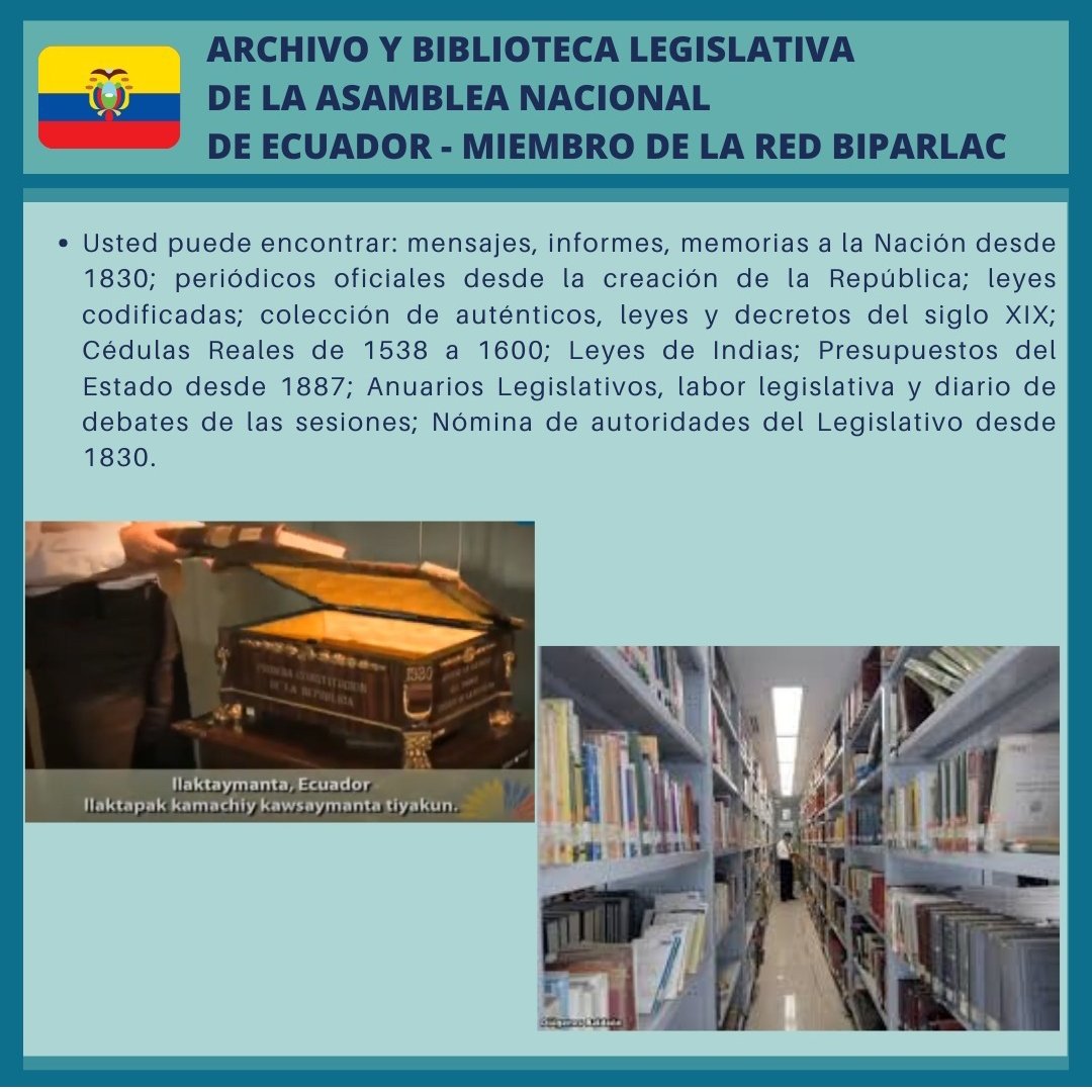 Hoy les presentamos el Archivo-Biblioteca de la Función Legislativa de la <a href="/AsambleaEcuador/">Asamblea Nacional</a>  🇪🇨, miembro de la Red <a href="/biparlac/">Red Biparlac</a>.

#BibliotecasParlamentarias
#AméricaLatina  
#Ecuador