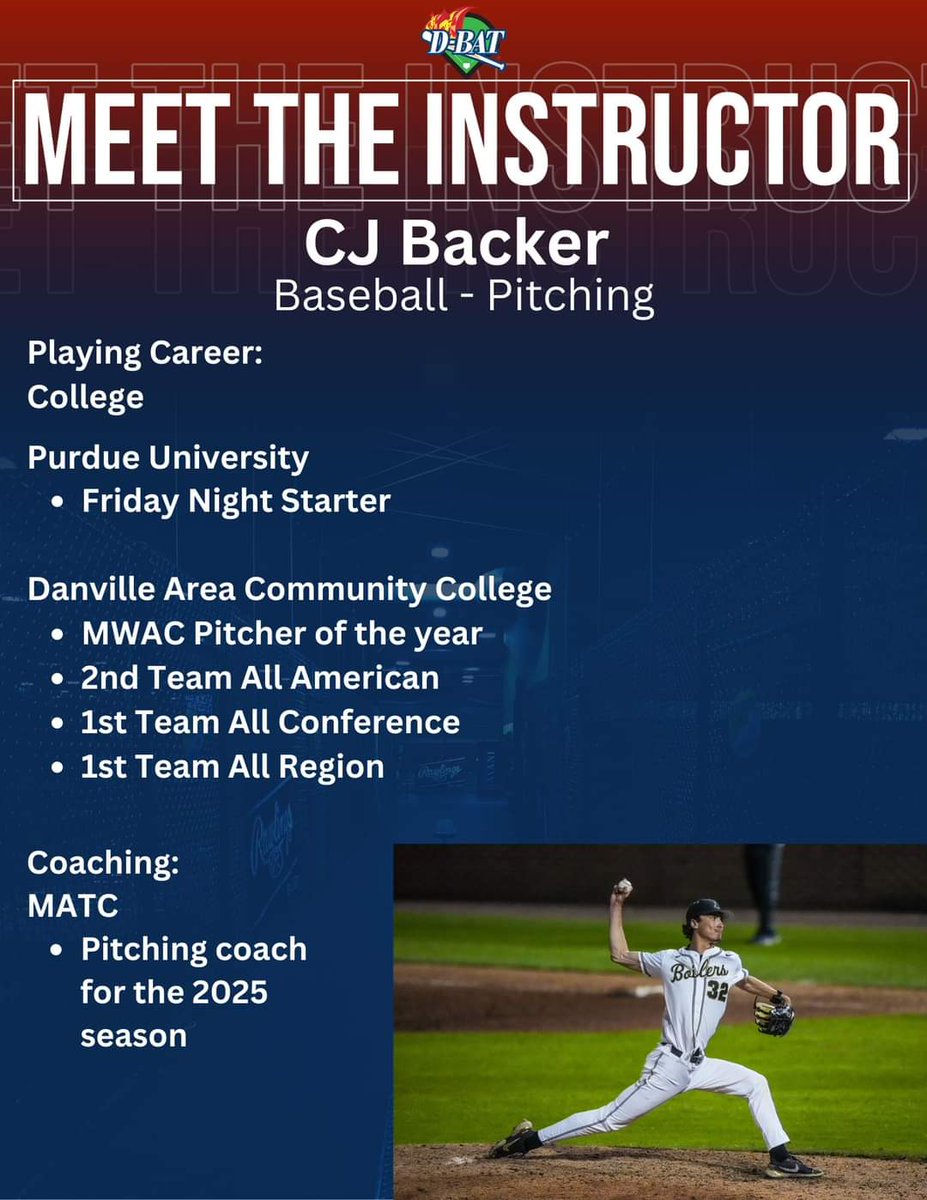DBAT_Brookfield's tweet photo. We are extremely excited to add former Purdue Boilermaker CJ Backer to our instruction team!  CJ is hitting the ground running and will be having a pitching camp in September!  Welcome CJ! @_cjbacker #betterthanyesterday #BDATBrookfield https://t.co/wAUei6eWDE