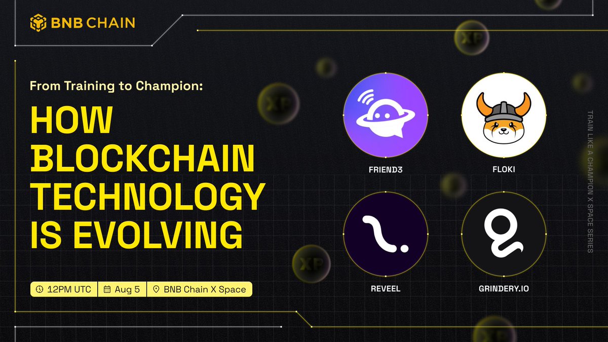 BNBCHAIN's tweet photo. Join us for "From Training to Champion: How Blockchain Technology is Evolving"

🎙️ @Friend3AI, @RealFlokiInu, @r3vl_xyz, and @grindery_io
🗓️ Aug 5, 12:00 UTC
📍https://t.co/anpOnwUxcx https://t.co/3t2QS4CseD