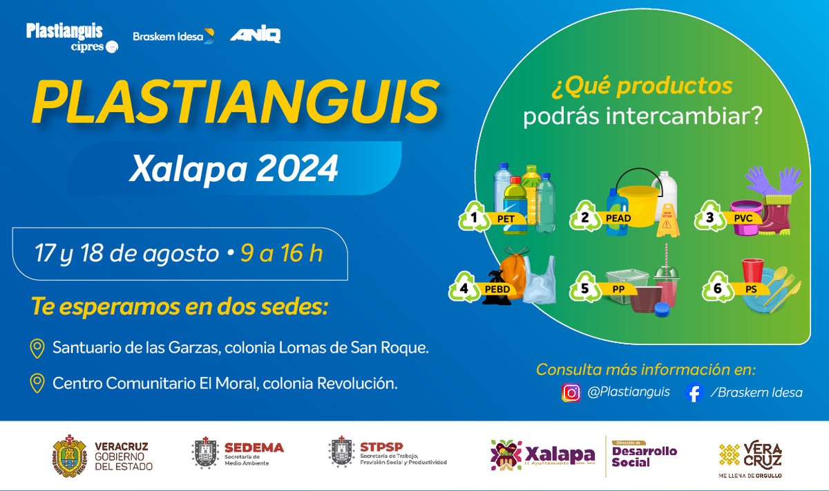 ¡No te pierdas de Plastinaguis Xalapa este 17 y 18 de agosto!

Una gran oportunidad para hacer un impacto positivo en el planeta y construir un futuro más sostenible.
#PlastianguisXalapa #ReciclajeDePlastico #MedioAmbiente #Sostenibilidad
Da retweet para generar un mayor impacto.