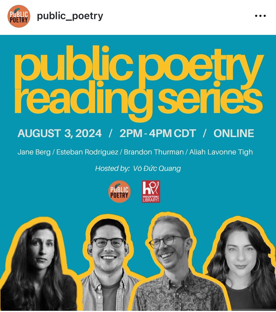 Aliah Lavonne Tigh (@alovetigh) on Twitter photo Excited to read (VIRTUAL) tomorrow Saturday 2pm cst with Jane Berg Esteban Rodriguez @estebanjrod11 and Brandon Thurman <a href="/bthurman87/">Brandon Thurman</a> for <a href="/PublicPoetry/">PublicPoetry</a> !
I’m happy to read new work!
Register here: calendar.houstonlibrary.org/event/12088065 Excited to read (VIRTUAL) tomorrow Saturday 2pm cst with Jane Berg Esteban Rodriguez @estebanjrod11 and Brandon Thurman <a href="/bthurman87/">Brandon Thurman</a> for <a href="/PublicPoetry/">PublicPoetry</a> !
I’m happy to read new work!
Register here: calendar.houstonlibrary.org/event/12088065