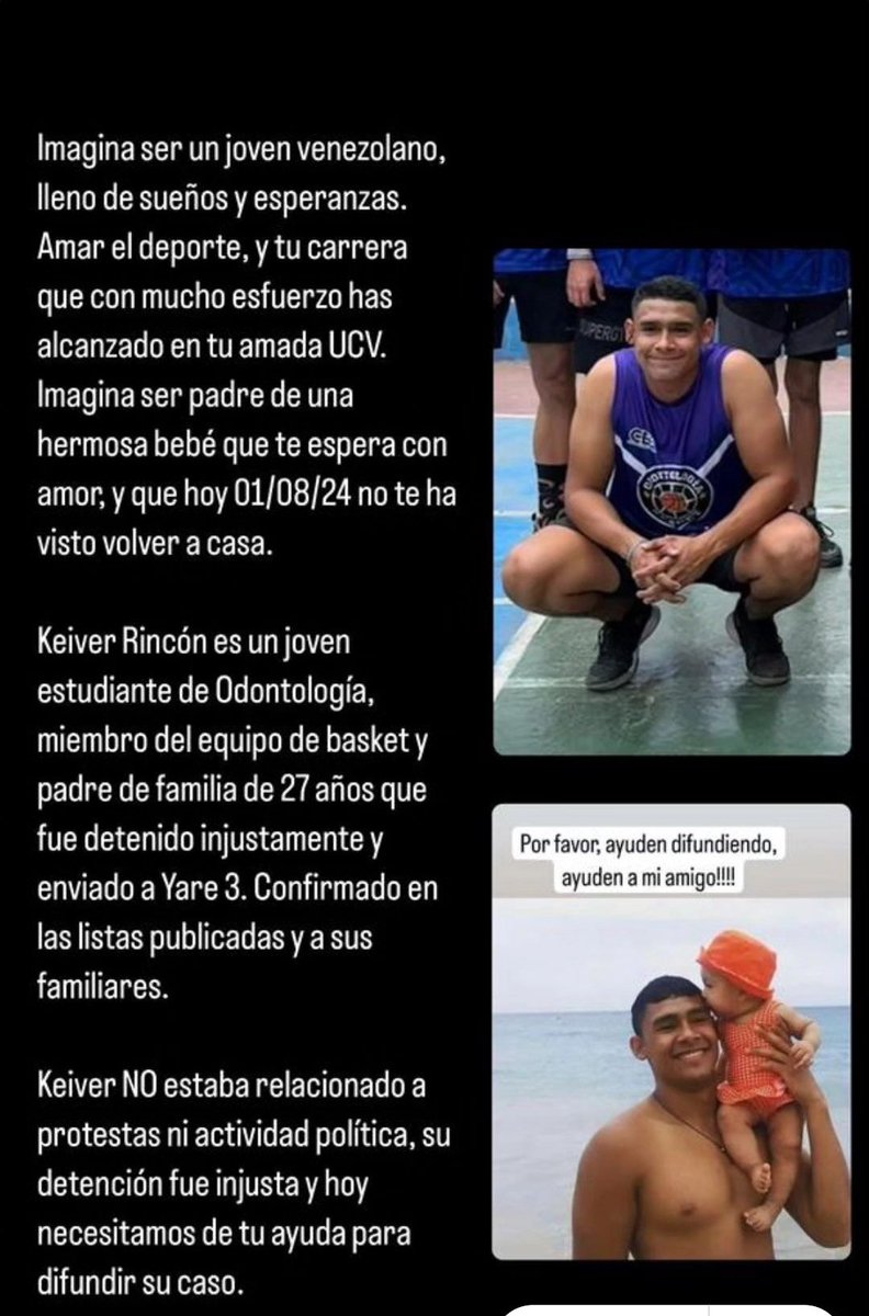 🚨DENUNCIA| Keiver Rincón, Jóven de 27 años de edad, estudiante de la UCV fue detenido injustamente por el régimen y enviado a Yare 3 el día de ayer 01/08/24 a pesar de que no estaba relacionado a ninguna actividad política ni protestas.

#justiciaparakeiver 
#VenezuelaLibre