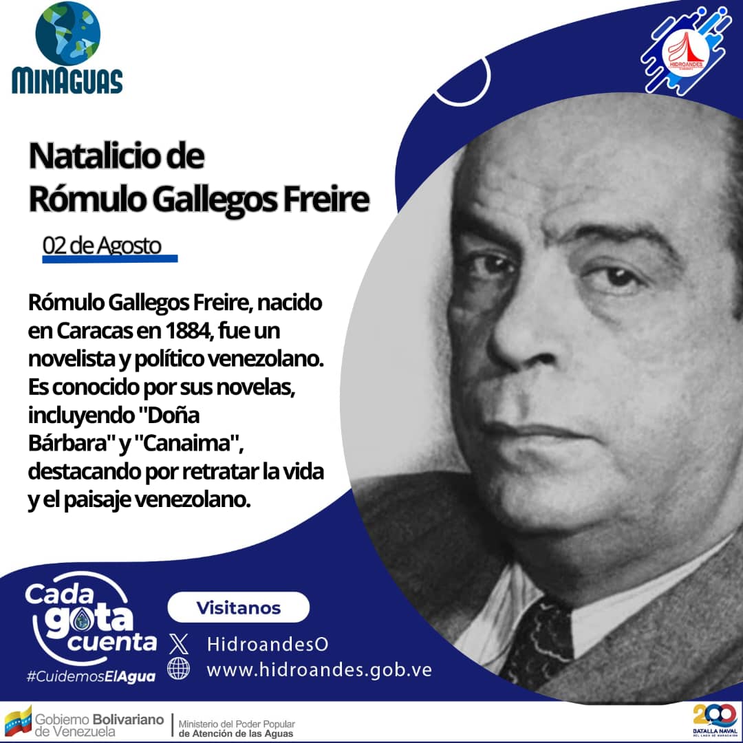 Hoy recordamos el natalicio de Rómulo Gallegos Freire, un insigne novelista, educador y político venezolano. Su obra y legado siguen siendo fuente de inspiración para generaciones. Recordamos su vida dedicada a la literatura y a la lucha por los valores democráticos. ¡Viva Rómulo