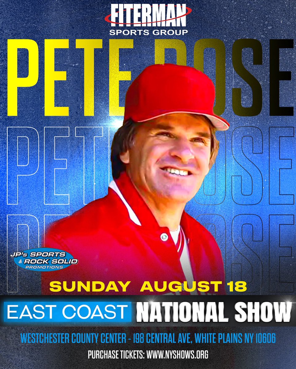 Pete Rose (@peterose_14) on Twitter photo 🚨Get ready, East Coast! I am appearing at the East Coast National Show courtesy of <a href="/fitermansports/">Fiterman Sports</a> on August 18th in White Plains, NY. Come out and meet me and let’s have some fun! See you there.
👉 Buy Tickets: nyshows.org
👉 Date/Time: Aug 18th 12:00 -1:00pm 🚨Get ready, East Coast! I am appearing at the East Coast National Show courtesy of <a href="/fitermansports/">Fiterman Sports</a> on August 18th in White Plains, NY. Come out and meet me and let’s have some fun! See you there.
👉 Buy Tickets: nyshows.org
👉 Date/Time: Aug 18th 12:00 -1:00pm