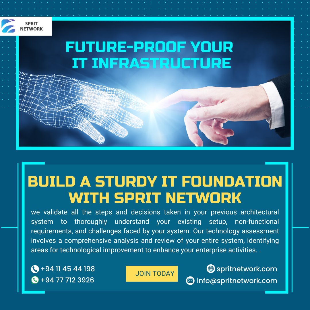 spritnetwork's tweet image. 🚀 Future-Proof Your IT Infrastructure with Sprit Network! Build a sturdy IT foundation through comprehensive tech assessments and improvements. Learn more: IT Assessments &amp;amp; Architecture #ITInfrastructure #TechAssessment #SpritNetwork