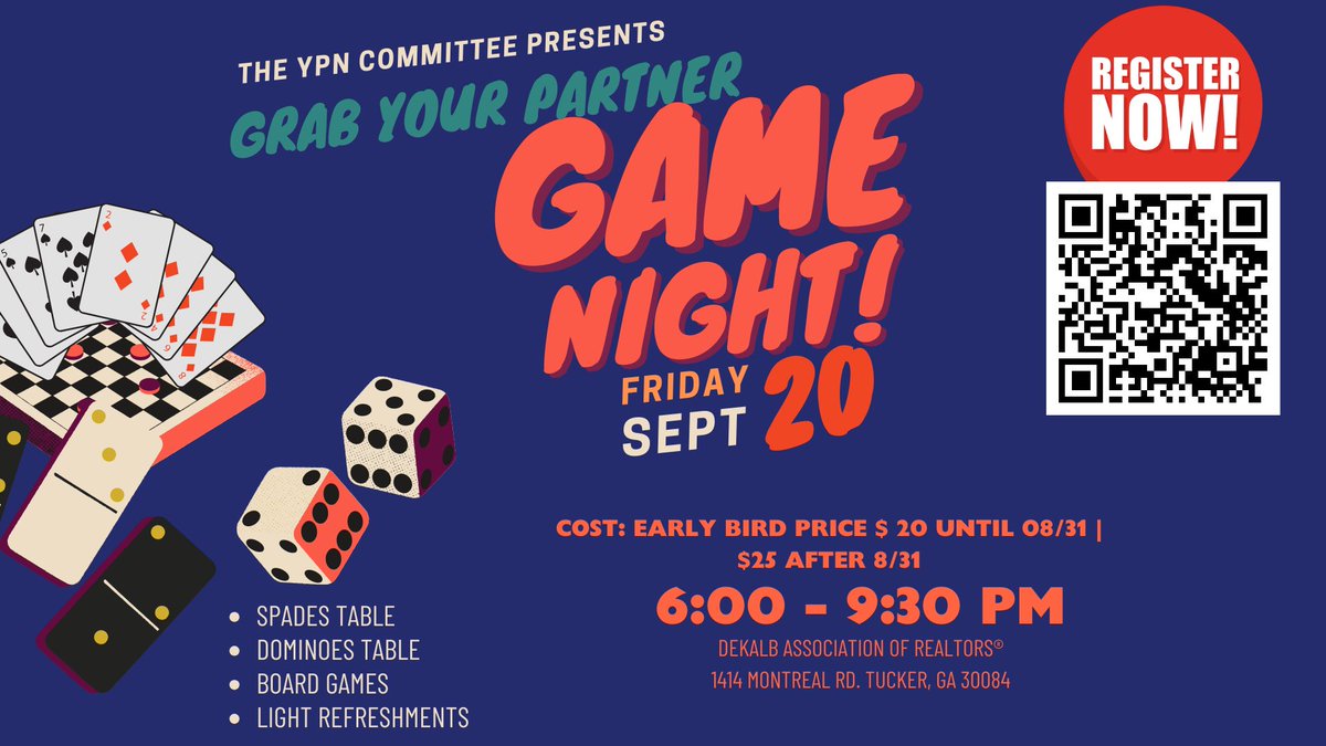 Register: bit.ly/3WN1ilK
Don’t miss out on our upcoming Game Night, presented by the DeKalb Association of Realtors YPN Committee. YPN is for everyone who’s young at heart, regardless of age. Join us for a night of fun, games, and connections! #dynamicdekalbrealtors