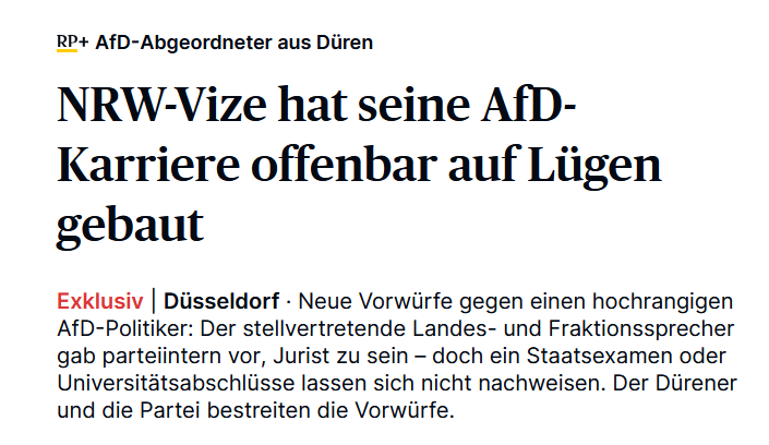 Klaus Esser "gab parteiintern vor, Jurist zu sein – doch ein  Staatsexamen oder Universitätsabschlüsse lassen sich nicht nachweisen".

Die die Ampel nannte er "eine Ansammlung von 'Ungelernten, Studienabbrechern, Lebenslauffälschern'".        🤣

€
rp-online.de/nrw/landespoli…