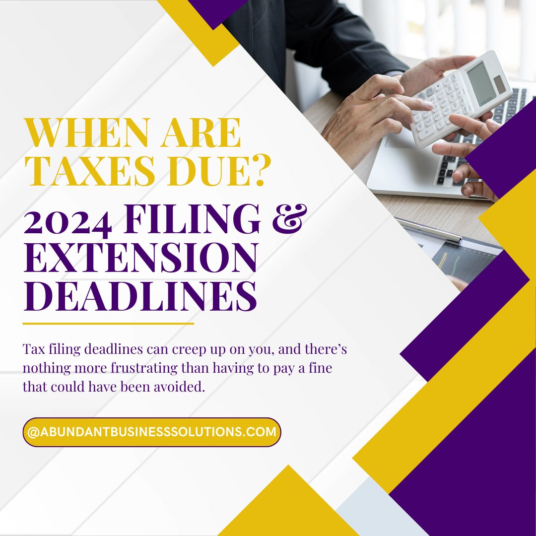 AbundantConsult's tweet image. Don't let deadlines stress you out! Stay ahead with our guide to the 2024 Filing &amp;amp; Extension Deadlines. 🗓️💼 #TaxSeason #2024Deadlines #FileOnTime #TaxPlanning #FinancialHealth #abundanttaxbusinesssolutions