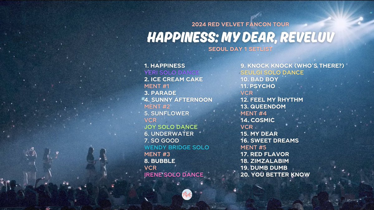 เซ็ตลิสต์ Happiness: My Dear ReVe1uv Fancon in Seoul (Day 1) วันแรก แฟนคอนน้องเค้กแสดงไป 20 เพลง เหมือนมินิคอนเสิร์ตเลนค่ะ แสดงคุ้มค่ามากกกก!!! ใครยังไม่จองบัตร อย่ารอช้าค่ะ

© rvelites 
#RVFANCONinSeoul_Day1
#SEULGI #슬기 <a href="/RVsmtown/">Red Velvet</a>