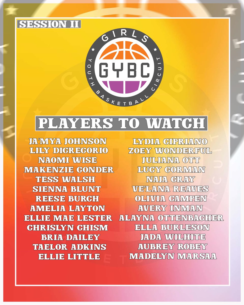 Gybcircuit_'s tweet photo. GYBC All American Camp Session I and Session II Players to Watch 🔥📈🚀

The PREMIER National girls exposure event will feature players from ALL OVER the country this weekend in Charlotte, North Carolina. https://t.co/ALXnx9snHT