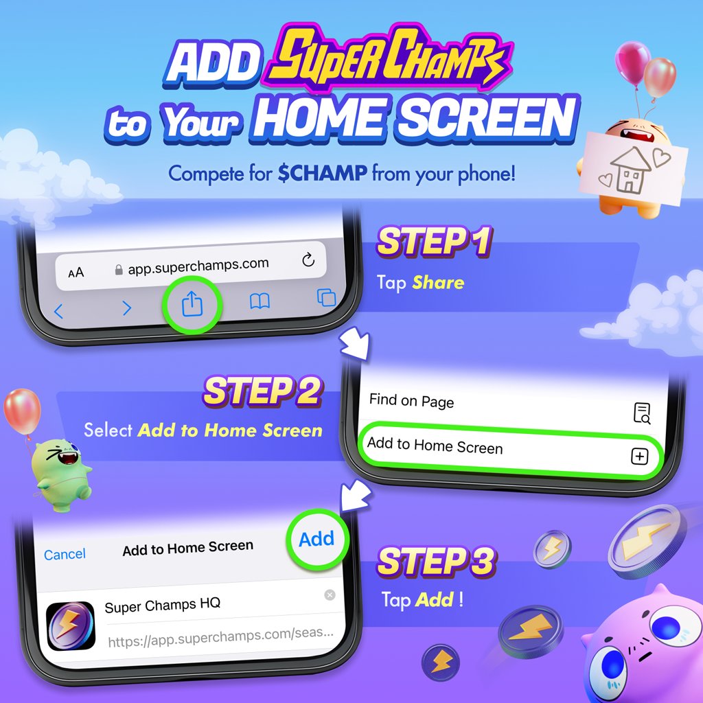 Super Champs HQ is now fully accessible on mobile!

Add the app to your homescreen to:
✨Complete quests
✨Check your dashboard
✨Browse the Web Shop