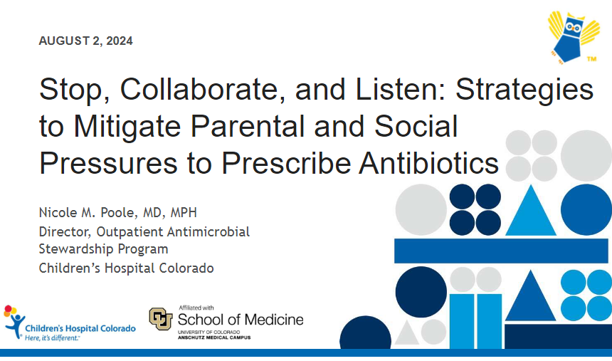 Colorado Pediatric Infectious Diseases (@copedsid) on Twitter photo Shifting gears, <a href="/KidDocNic/">Nicole Poole, MD, MPH</a> will give us some ideas about how we can work together to decrease / resist pressures to prescribe antibiotics. #VailPedsID2024 Shifting gears, <a href="/KidDocNic/">Nicole Poole, MD, MPH</a> will give us some ideas about how we can work together to decrease / resist pressures to prescribe antibiotics. #VailPedsID2024