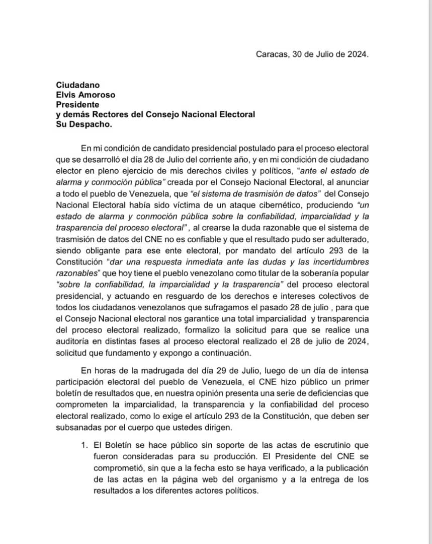 RonaldRod78's tweet photo. Socializo comunicado emitido por el candidato presidencial Enrique Márquez al CNE.

Venezuela necesita paz y saber la verdad, quien gano y quién perdió. Pero con auditoría, muestra y revisión de actas.
#PubliquenLasActasYa https://t.co/zgEoZM6ifr