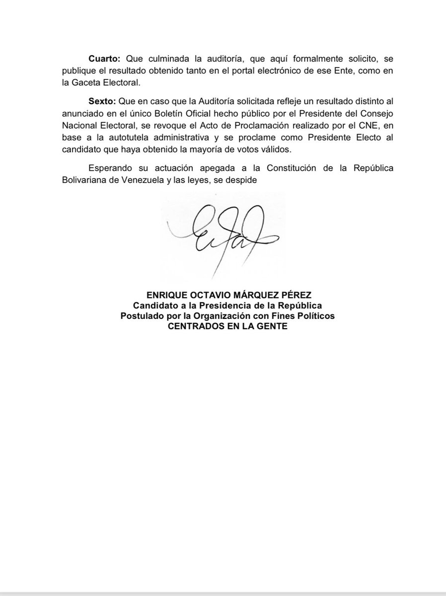 RonaldRod78's tweet photo. Socializo comunicado emitido por el candidato presidencial Enrique Márquez al CNE.

Venezuela necesita paz y saber la verdad, quien gano y quién perdió. Pero con auditoría, muestra y revisión de actas.
#PubliquenLasActasYa https://t.co/zgEoZM6ifr